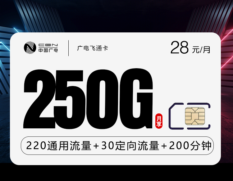 广电飞通卡怎么样？广电飞通卡每月28元月租+250G高速流量+200分钟
